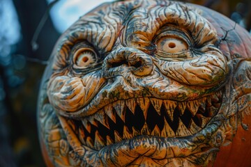 Obraz premium Detailed view of a pumpkin carved with a scary face, showcasing intricate design, An intricate carving of a spooky face on a pumpkin