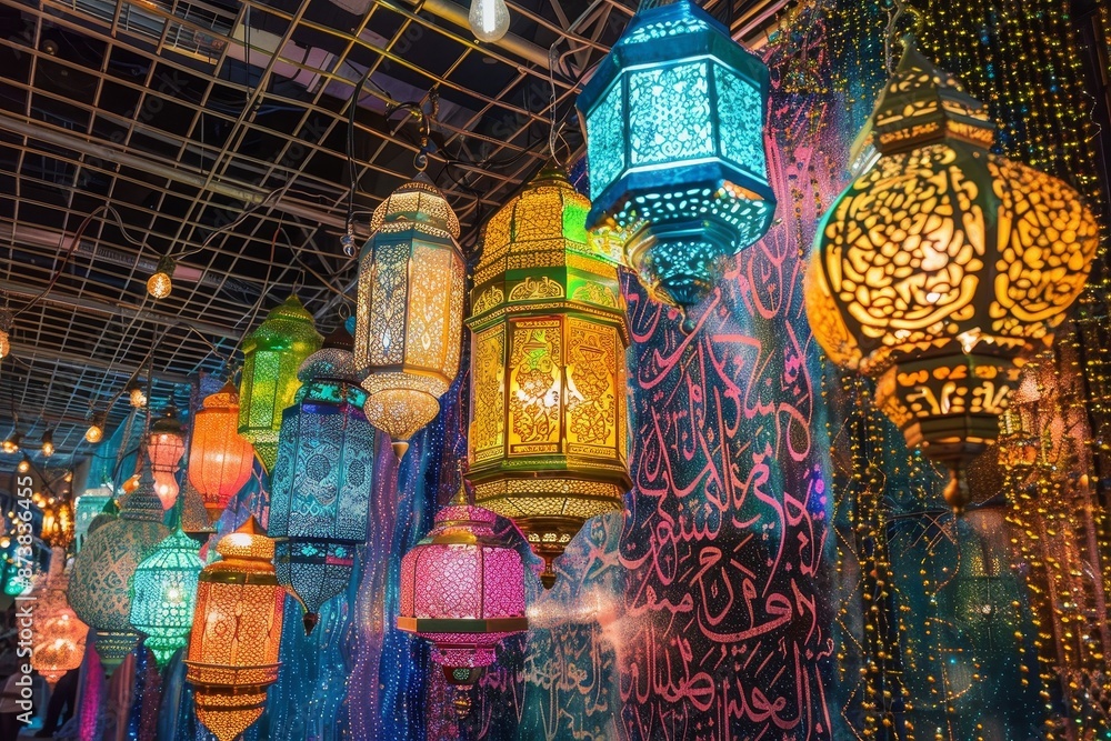 Aufkleber group of vibrant lanterns of various colors hanging from ceiling in intricate display, an intricate 