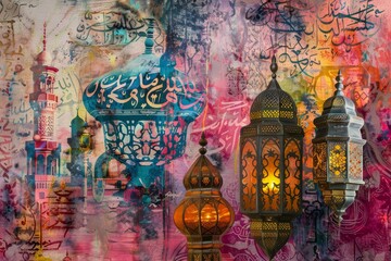 Obraz premium A painting featuring a mesmerizing collage of colorful lanterns and intricate Arabesque designs, An intricate collage of colorful lanterns and Arabic calligraphy symbolizing the holy month