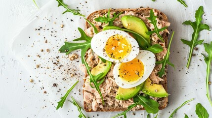 Healthy tuna toast with avocado, egg, and fresh arugula on whole grain bread, top-down view