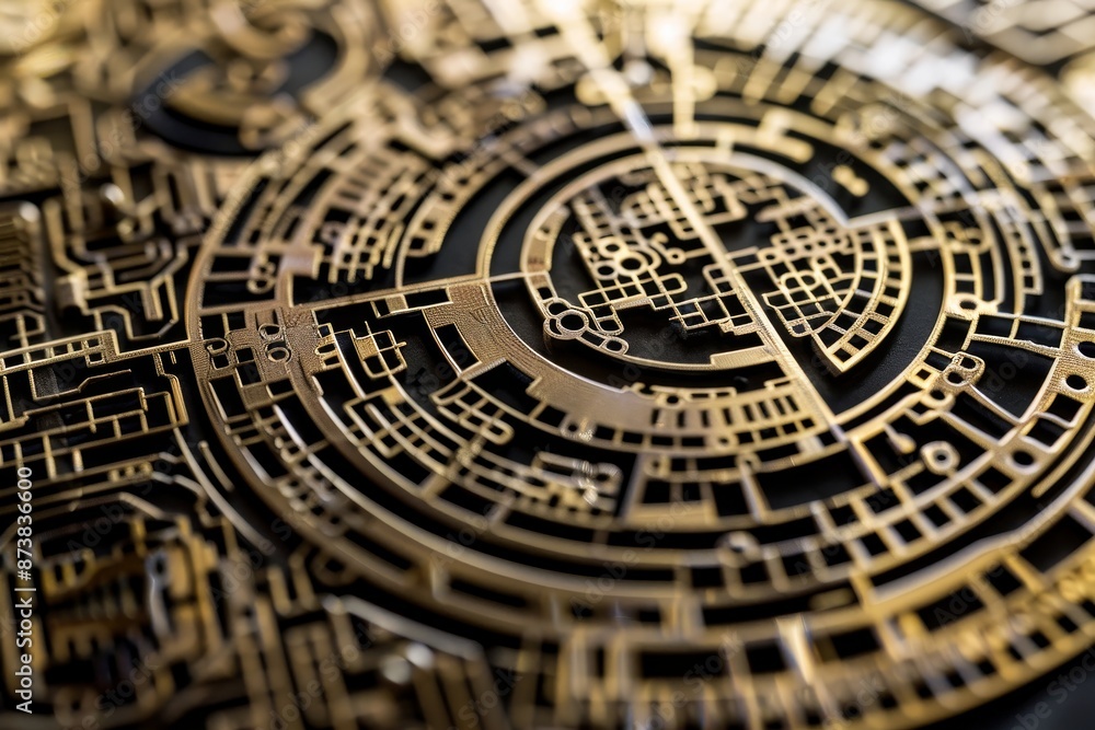 Poster close-up view of a complex gold and black pattern, showcasing intricate details and contrast, an int