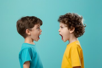 Two young boys facing each other with open mouths, expressing surprise against a teal background.