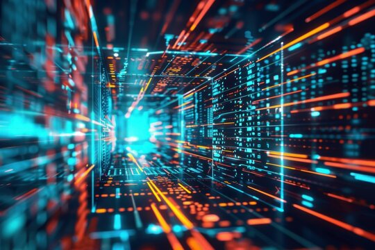 Explore the cuttingedge world of futuristic cyber data tunnel with abstract neon lights, digital technology, and glowing background