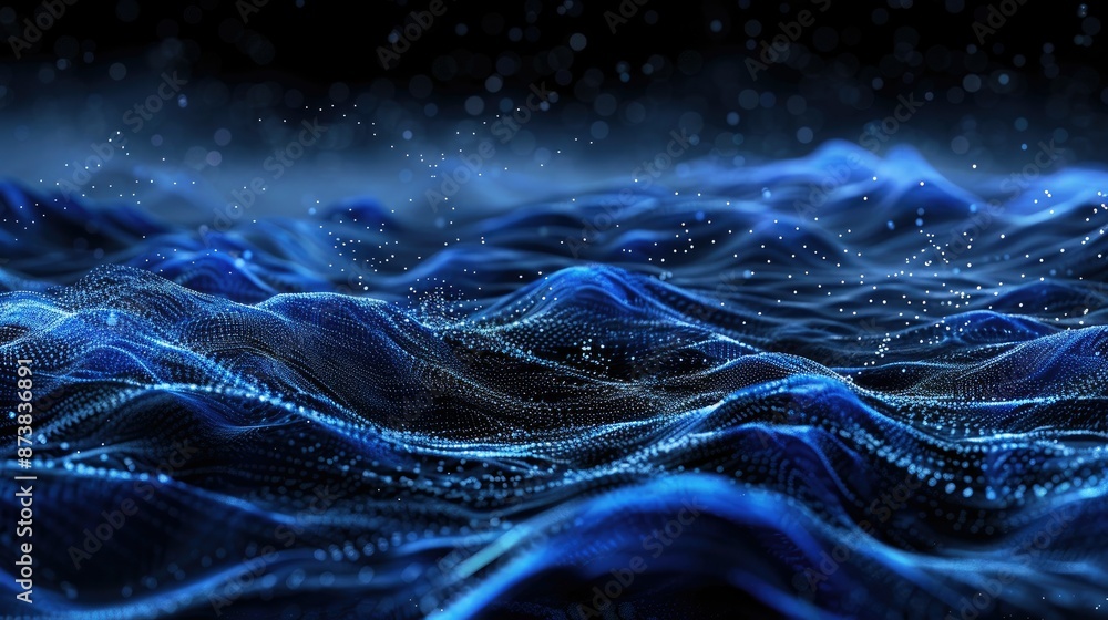 Poster horizontal blue particle lines and undulating waves on dark backdrop