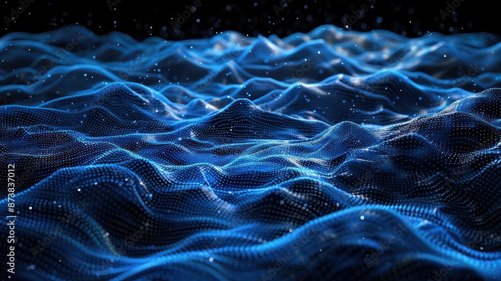 Poster horizontal lines of blue particles and undulating waves on dark