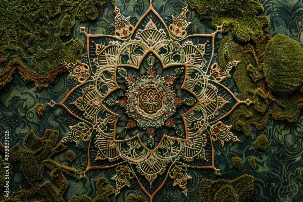 Poster a wall covered in green moss with intricate patterns, an intricate mandala design with intricate pat