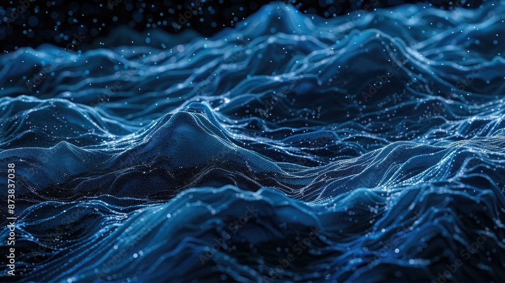 Poster horizontal lines of blue particles and undulating waves on dark