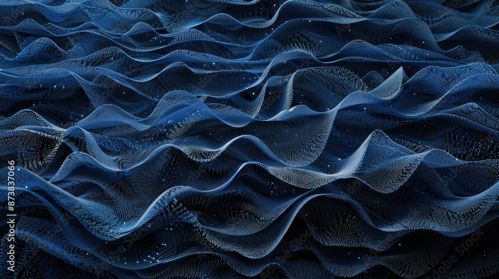 Poster horizontal lines of blue particles and undulating waves on dark