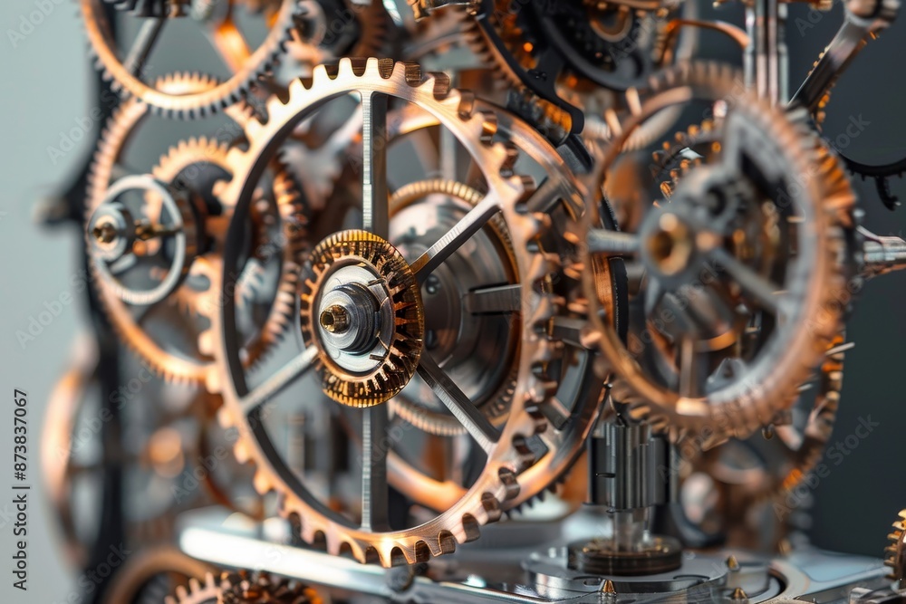 Poster a detailed close-up view of a clock with numerous intricate gears visible, an intricate mechanical c