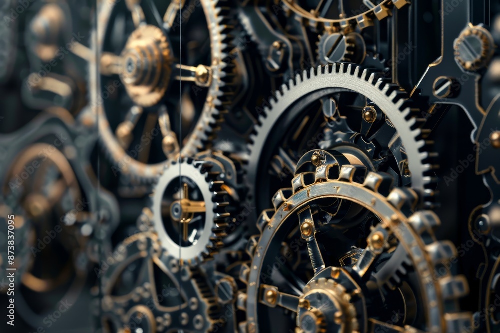 Poster detailed view of multiple gears interconnected in a mechanical system, an intricate mechanical contr