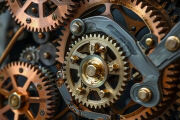 Detailed close-up of a clock mechanism filled with numerous gears in motion, An intricate mechanical contraption with gears and pulleys interlocking