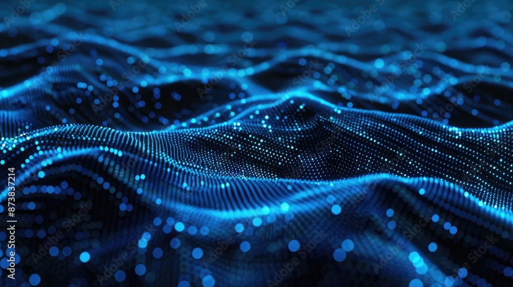 Poster horizontal lines of blue particles in abstract environment on black