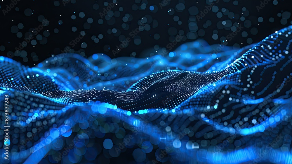 Poster horizontal lines of blue particles in abstract environment on black