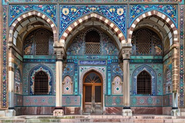 Obraz premium A detailed mosque showcasing intricate blue and green tile work in its design, An intricate mosque adorned with colorful tile work and intricate patterns