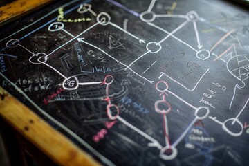 Close-up view of a chalkboard covered in detailed writing, possibly a play diagram or notes, An intricate play diagram on a chalkboard, illustrating a strategic game plan