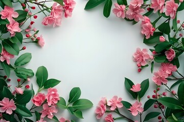 Naklejka premium Vibrant pink cherry blossoms and green leaves frame a white background, ideal for seasonal designs.