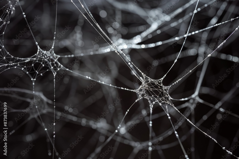 Poster detailed close-up of a spider web against a black backdrop, an intricate web of lines, representing 
