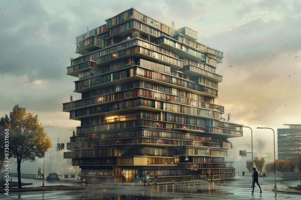 Poster a towering office building with numerous balconies stacked on top of each other, an office building 