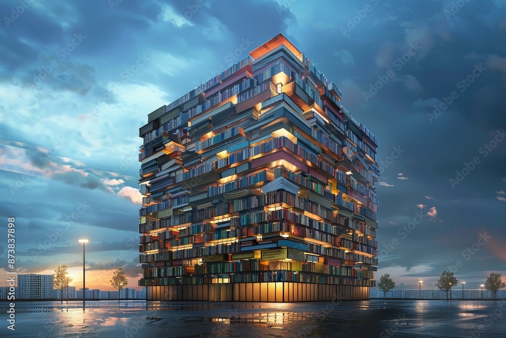 Poster a very tall building with a multitude of windows, resembling a stack of blocks, an office building d