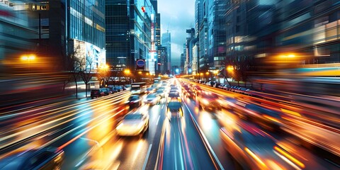 High speed urban traffic on a city street during evening rush hour, car headlights and busy night transport captured by motion blur lighting effect and abstract long exposure photography