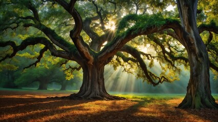 Obraz premium autumn in the woods, a big tree image, AI