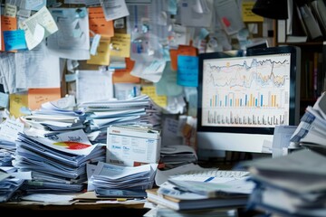 A cluttered desk filled with papers and a computer monitor in an office setting, An office filled with paper reports and documents, with a computer monitor showing data visualizations