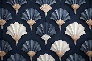 Elegant 3D fan shapes in navy, beige, and white on dark seamless pattern