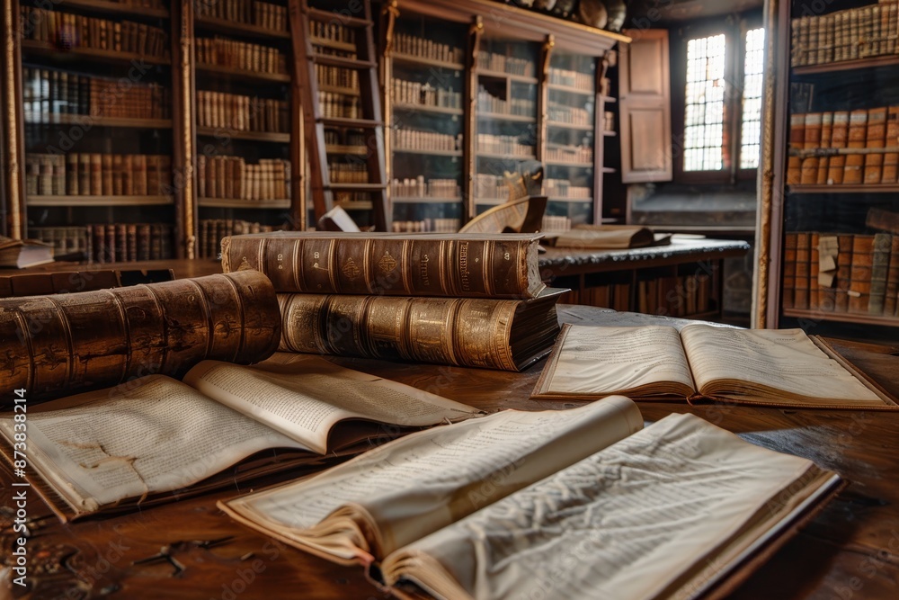 Poster wooden table in old library overflowing with stacks of books and scrolls, an old library filled with