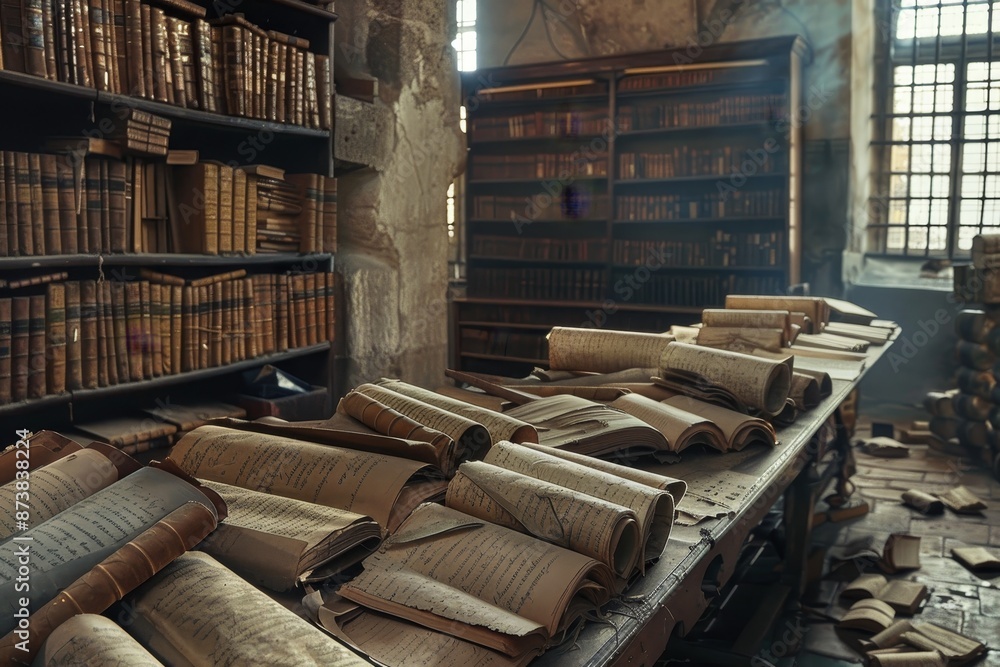 Poster numerous books neatly arranged on a long wooden table in an old library, an old library filled with 