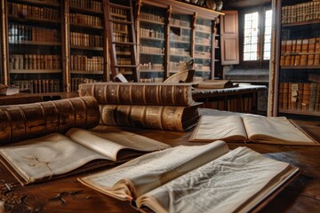 Wooden table in old library overflowing with stacks of books and scrolls, An old library filled with ancient scrolls and books