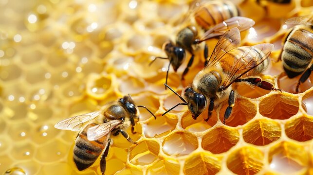 Several bees are busily buzzing around a honeycomb filled with golden honey