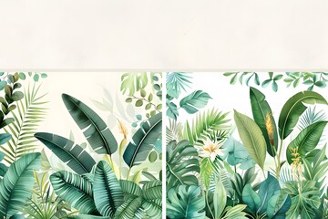 Vibrant tropical foliage: green leaves, banana plants, and exotic flowers on a soft light background