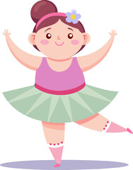 Charming joyful fat young ballerina dressed in a tutu and ballet shoes, performing with an adorable smile. Chubby dancer girl promotes themes of body positivity, childhood joy, and the love for dance