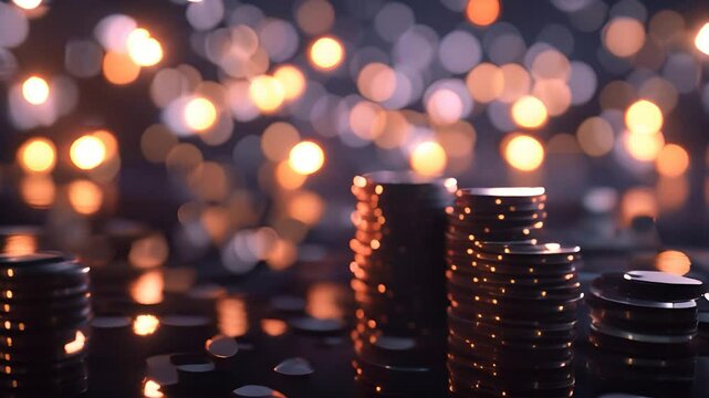 Stacks of casino chips with bokeh lights in background, gambling theme