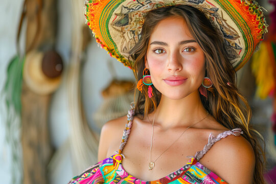 Beautiful mexican model wearing traditional sombrero posing in a workshop