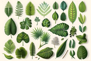 Collection of various green leaves in different shapes and sizes on a light background.