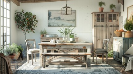 Discover the charm of farmhouse dining rooms: Blend vintage charm with modern comfort using distressed wood furniture, vintage accents, and a serene color scheme with vibrant accents.
