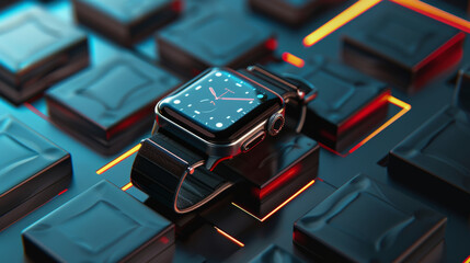 A set of smartwatches with colorful straps on a black background, showcasing 3D rendering of wearable devices, health, and fitness trackers.