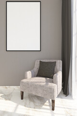 3d render of minimal design frame with armchair side the window. White marble floor and gray wall . Set 1