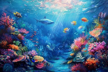 Fototapeta premium A colorful underwater painting depicting a thriving ocean scene with schools of fish swimming among vibrant corals, An underwater scene with colorful fish and coral reefs