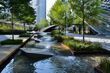 A river courses through a park with tall buildings in an urban setting, An urban park filled with modern sculptures and water features