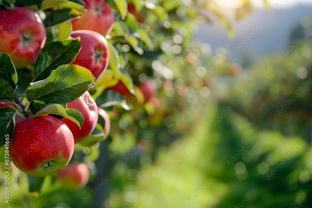 Poster ripe red apples hanging in a row from tree branches in an apple orchard, apple orchard with ripe fru