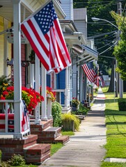 A row of small town homes decorated with American flags and flowers for the Fourth of July holiday.