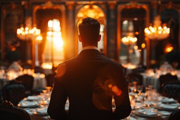 Obraz premium Man, dinner party, standing alone, medium shot, elegant setting, ambient light, social interactions, feeling left out, rich tones, candid perspective.