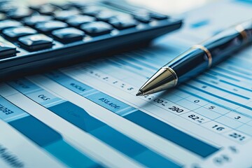 Close-Up of Calculator and Pen on Financial Statement Sheets with Numbers and Line Items, Captured in High Resolution for Detailed Financial Analysis and Accounting Concepts.