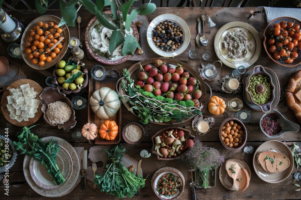 Poster a table filled with assorted dishes and platters showcasing a wide array of food options, artfully a