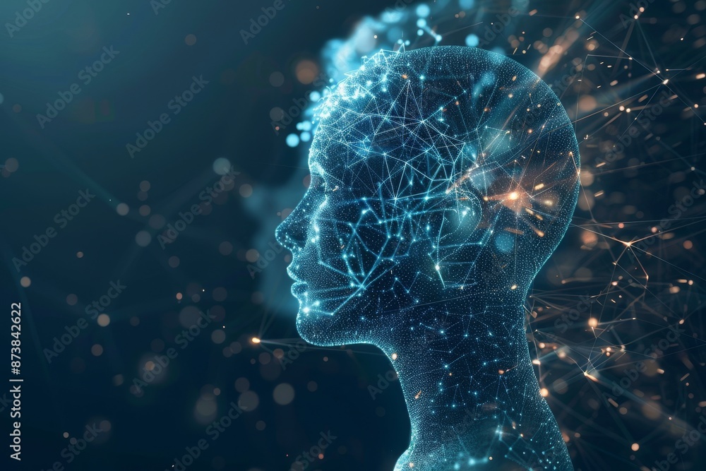 Poster a womans head with a network of interconnected dots forming a human shape, representing the complexi