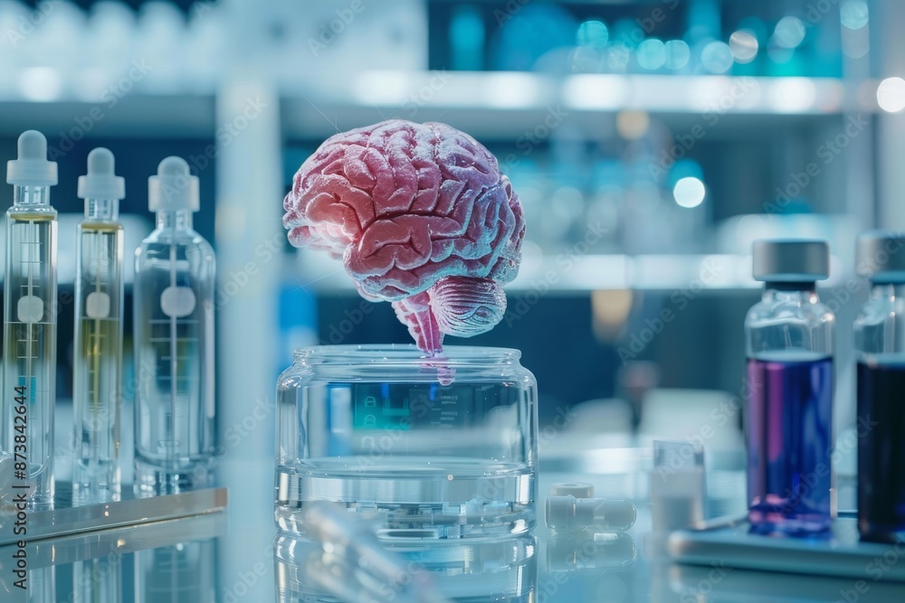 Poster a science lab filled with numerous bottles and a model of a brain displayed prominently on a table, 