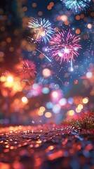 Enhance the foreground and background. Make the colors more vibrant. Generate a photo of a new year's celebration with fireworks.  Make the image suitable for a greeting card.