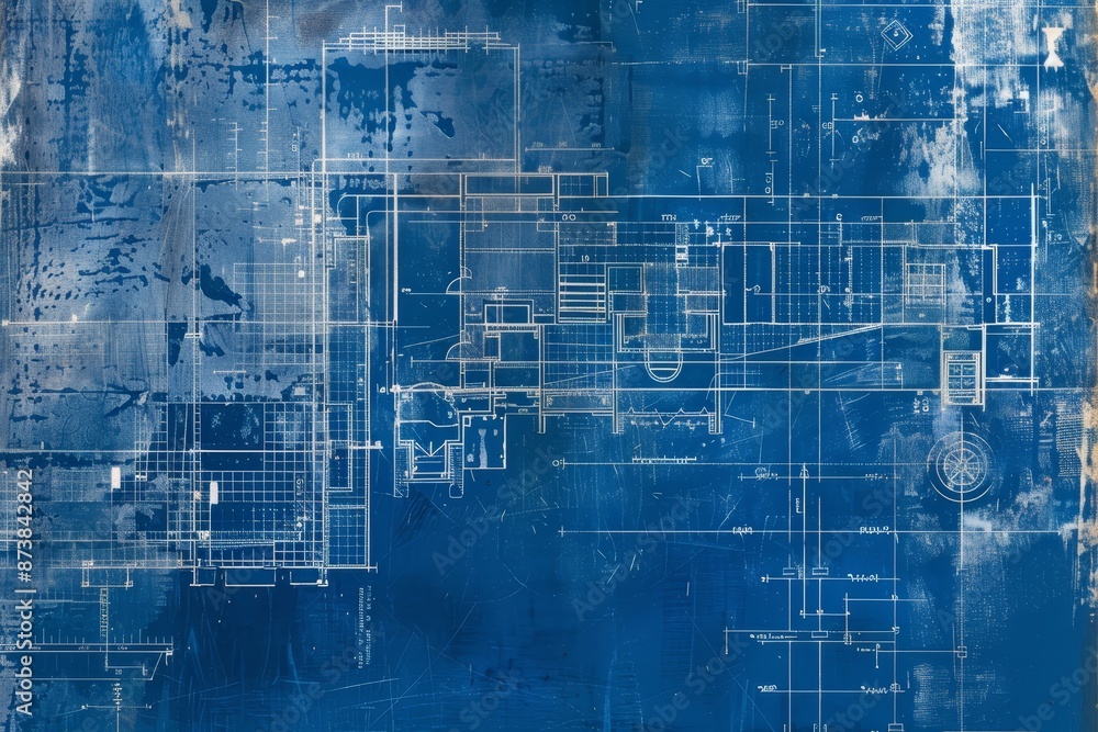 Poster a setup of numerous blueprints laid out for architectural planning with intricate details and measur